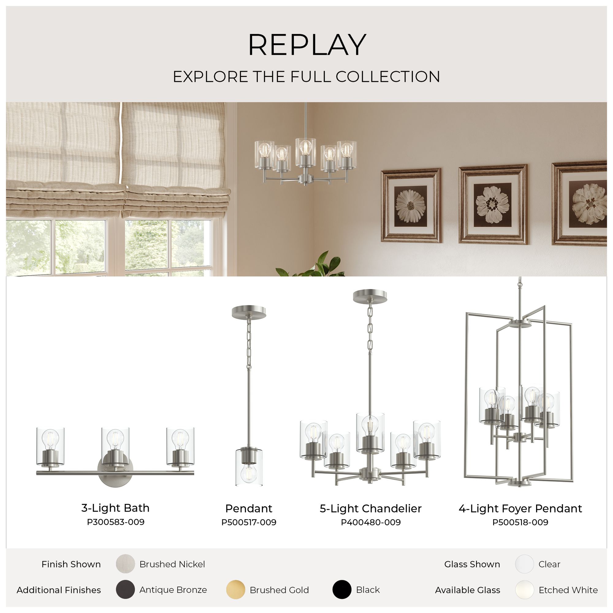 Replay Collection Four-Light Pendant Light with Clear Glass Shades