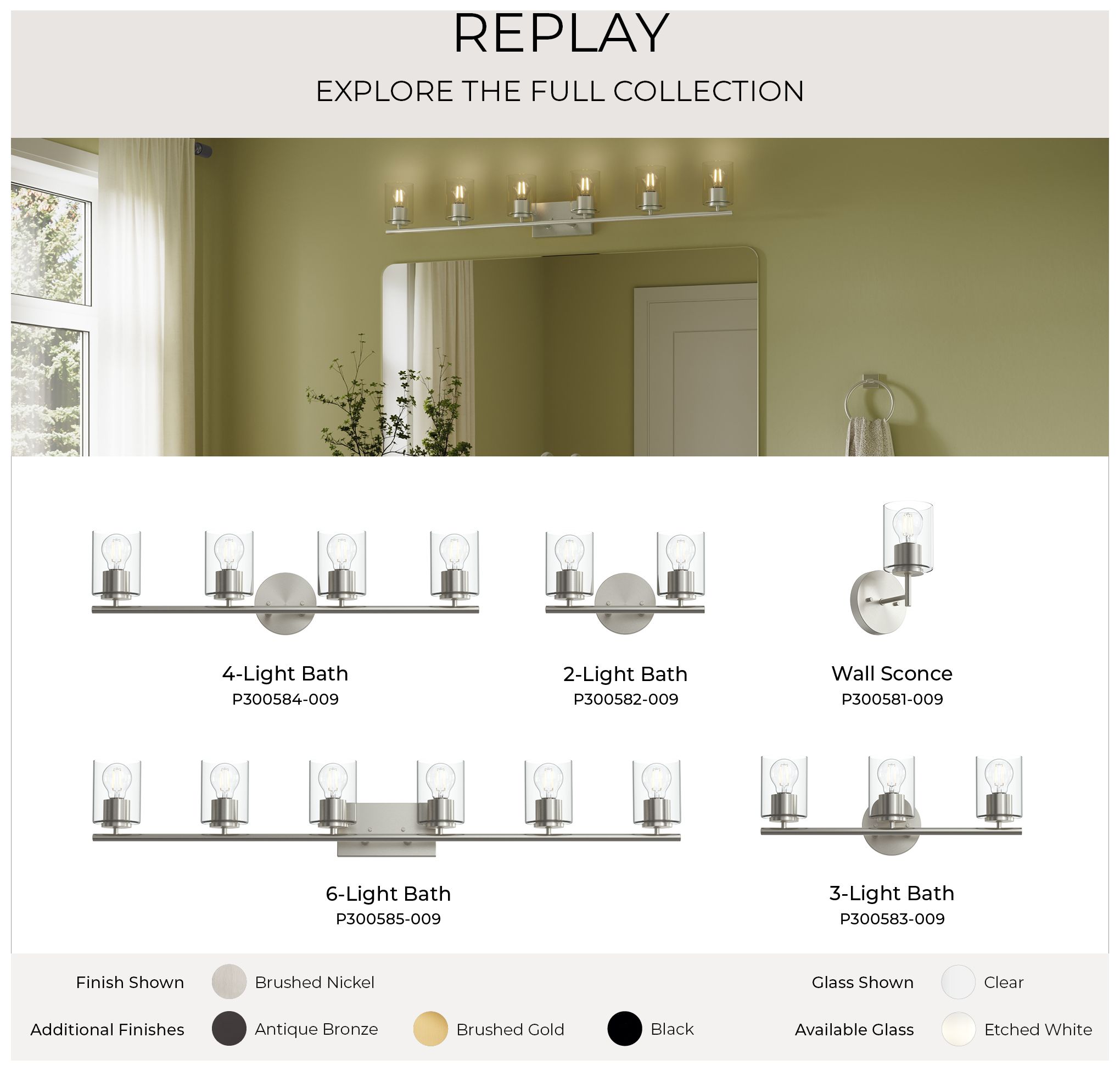 Replay Collection Six-Light Bath & Vanity Light with Clear Glass Shades