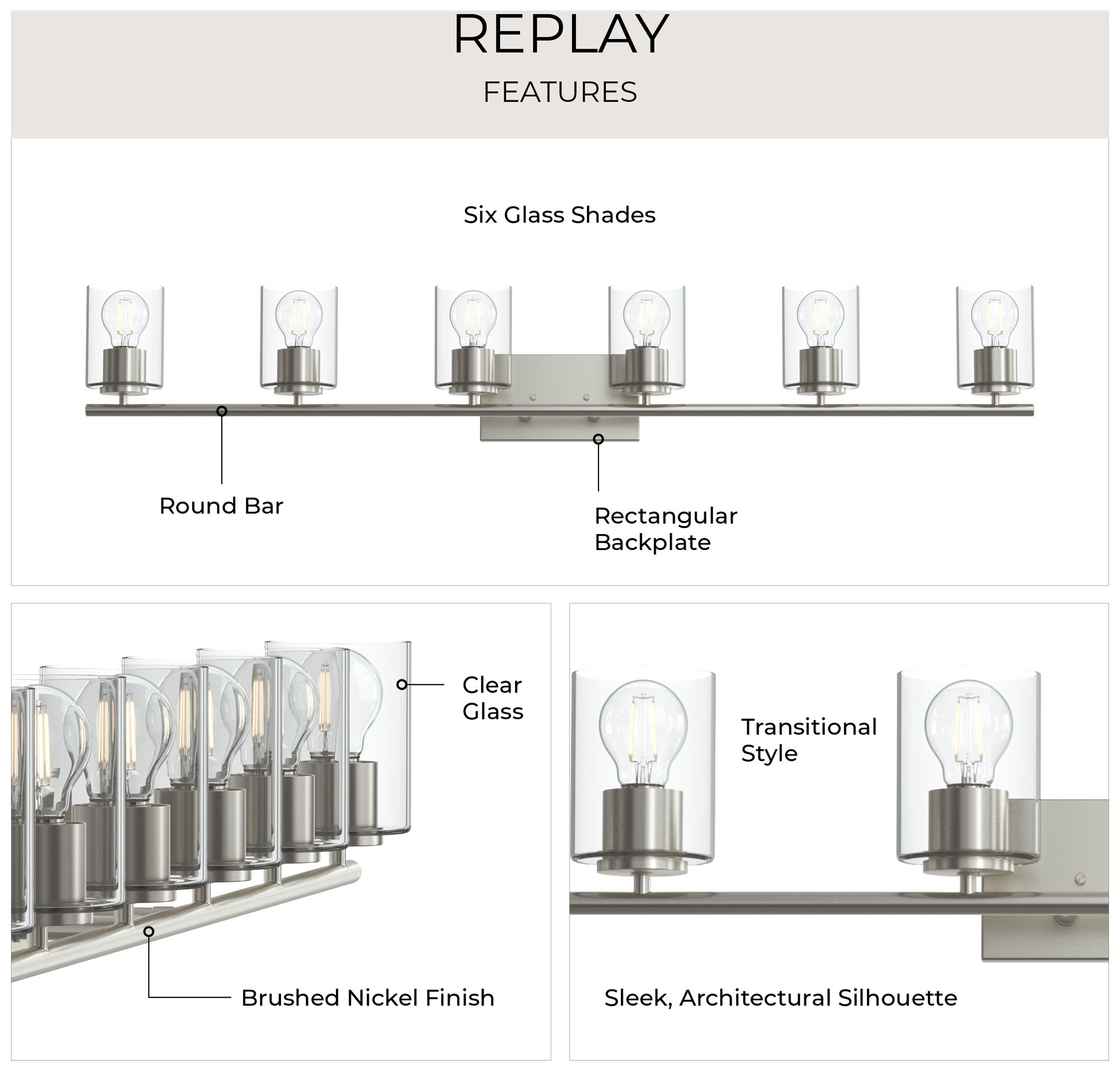 Image 4 Replay Collection Six-Light Bath & Vanity Light with Clear Glass Shades more views