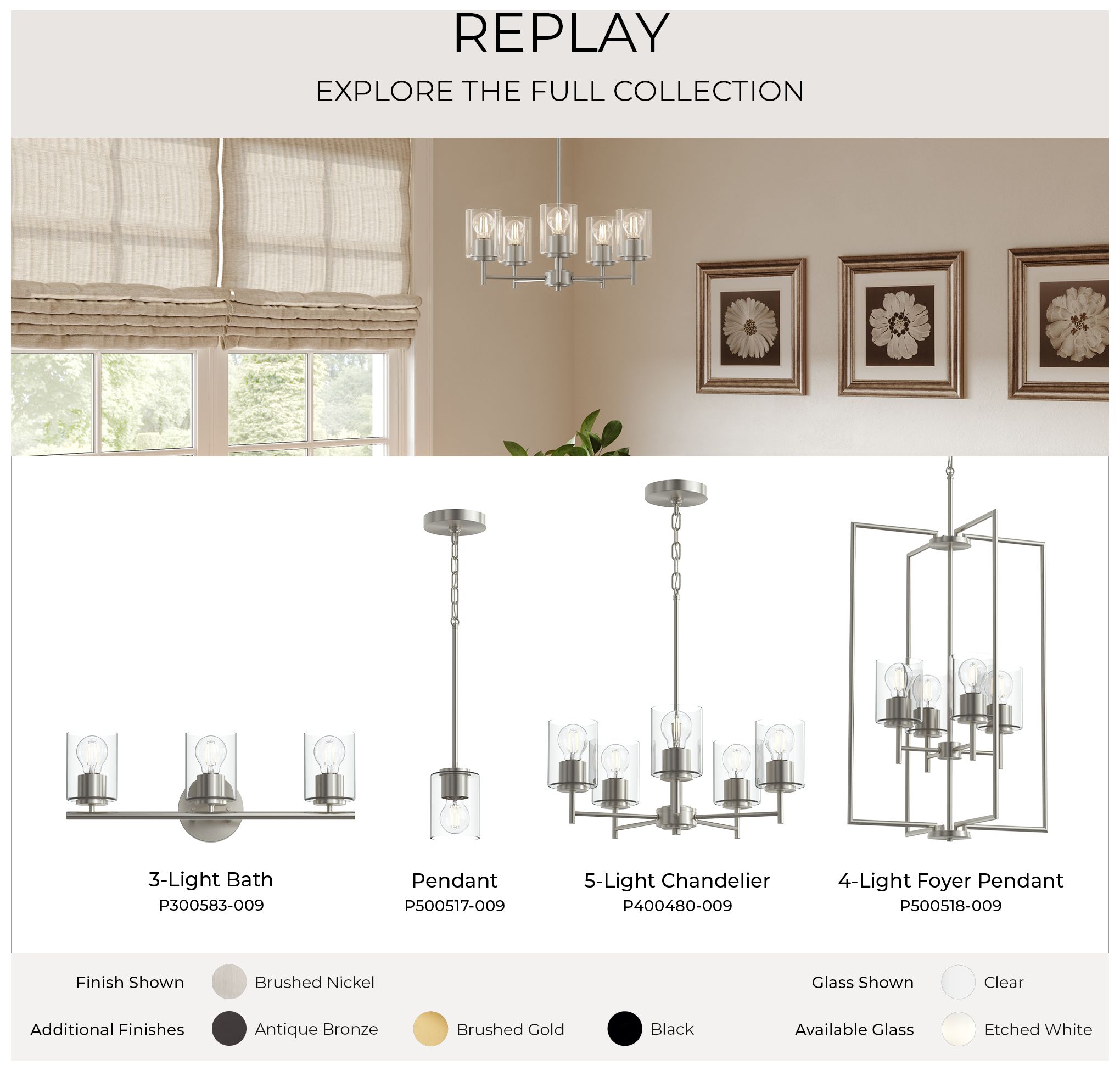 Replay Collection Six-Light Bath & Vanity Light with Clear Glass Shades