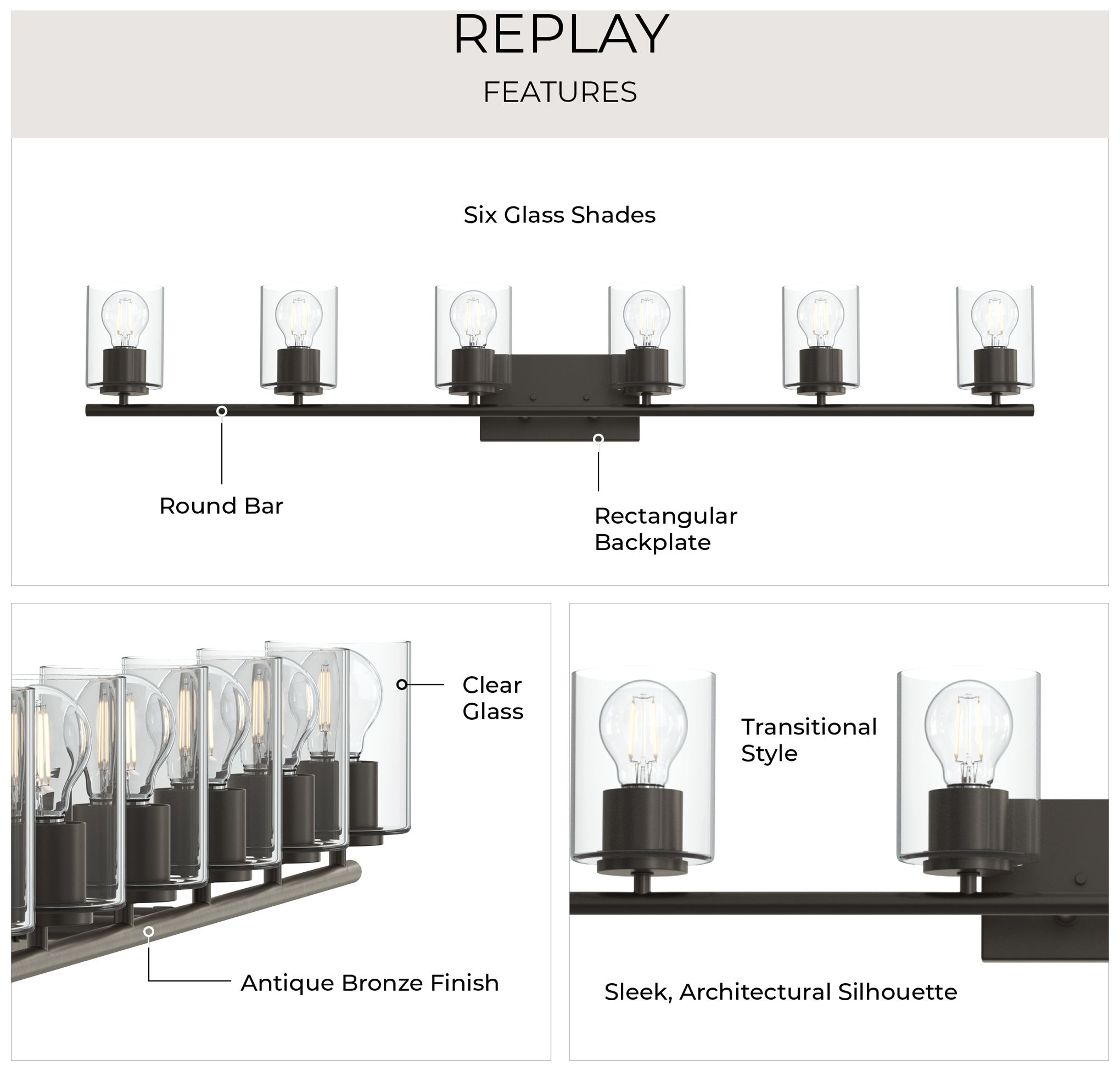Image 4 Replay Collection Six-Light Bath & Vanity Light with Clear Glass Shades more views