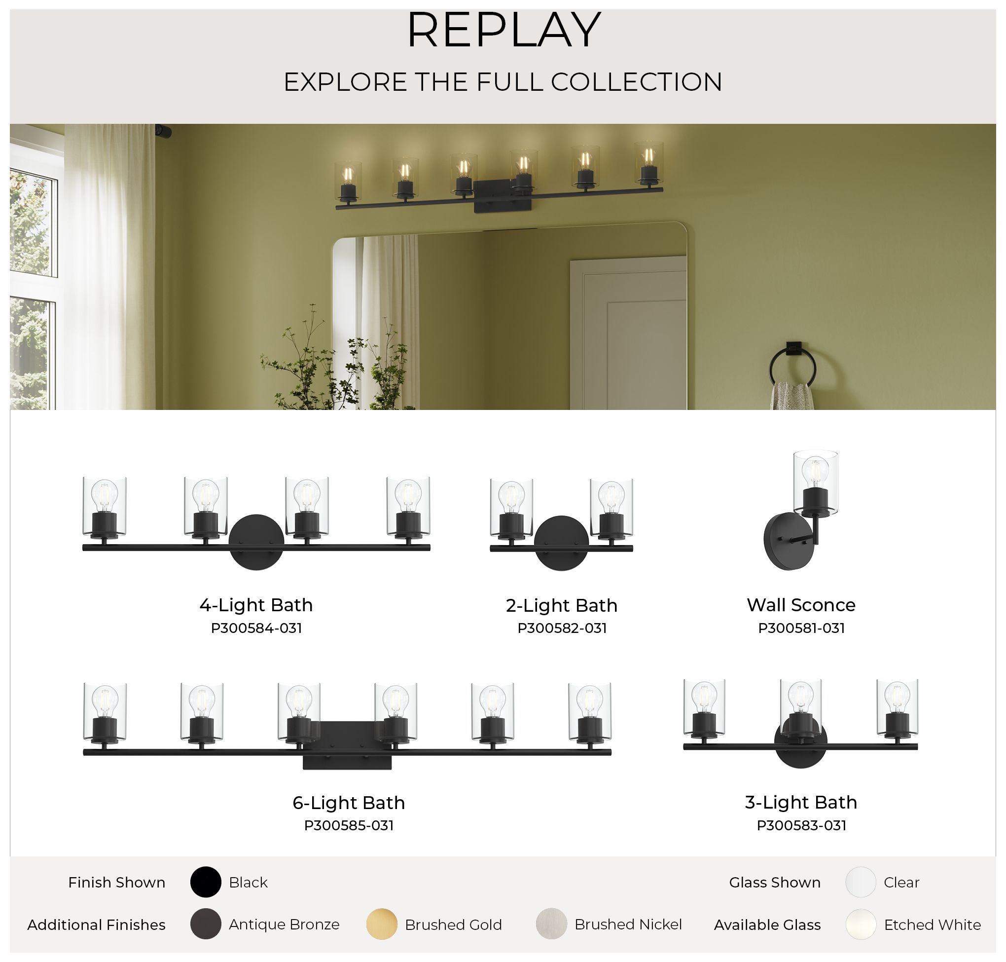 Replay Collection Six-Light Bath & Vanity Light with Clear Glass Shades
