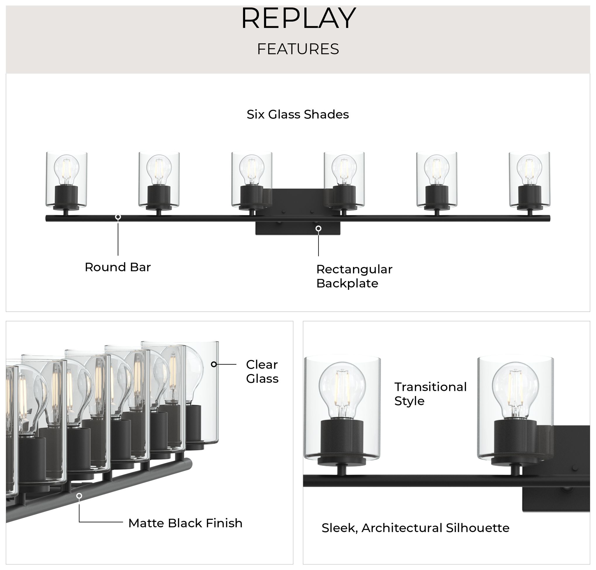 Image 4 Replay Collection Six-Light Bath & Vanity Light with Clear Glass Shades more views