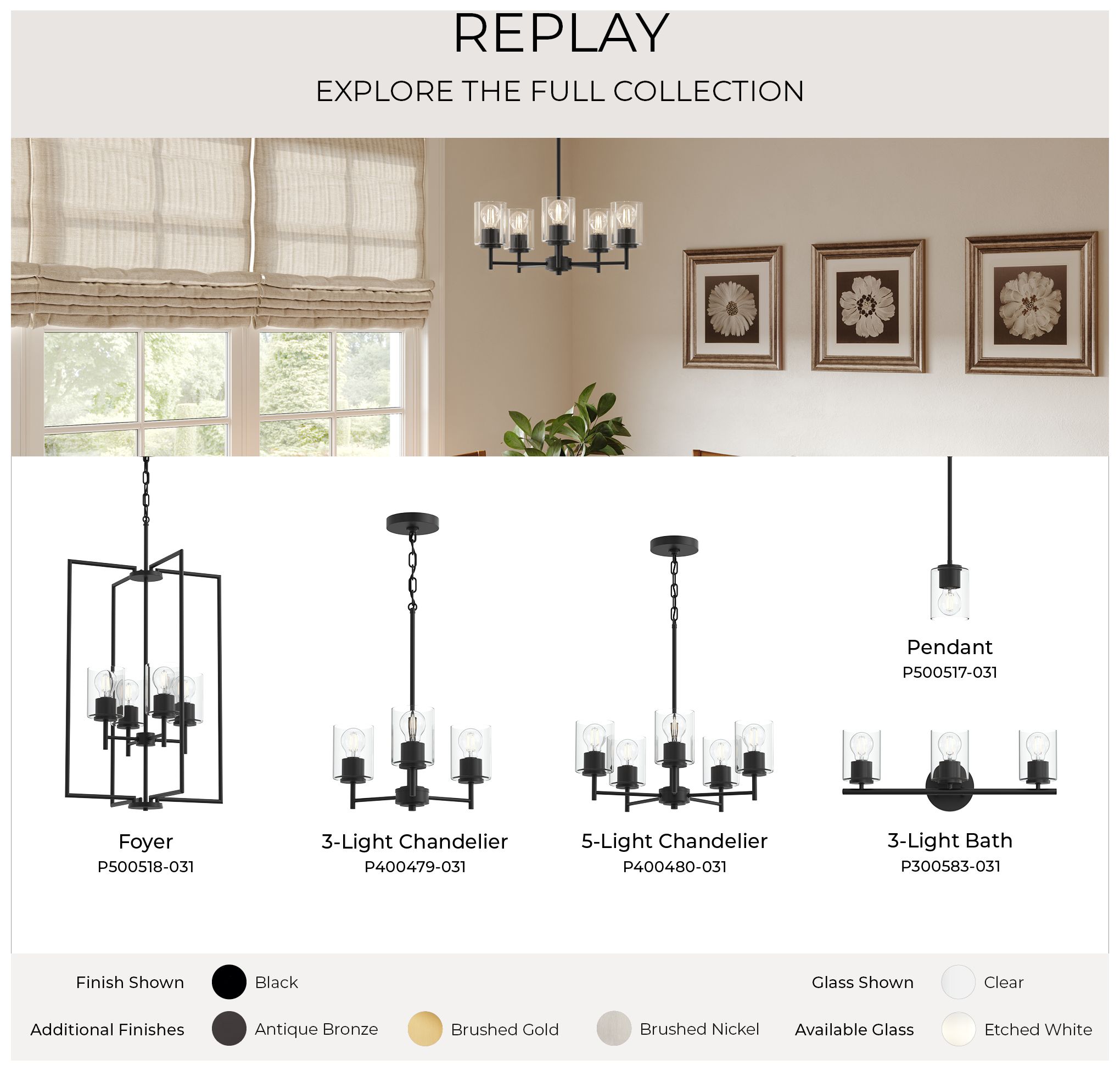 Replay Collection Six-Light Bath & Vanity Light with Clear Glass Shades