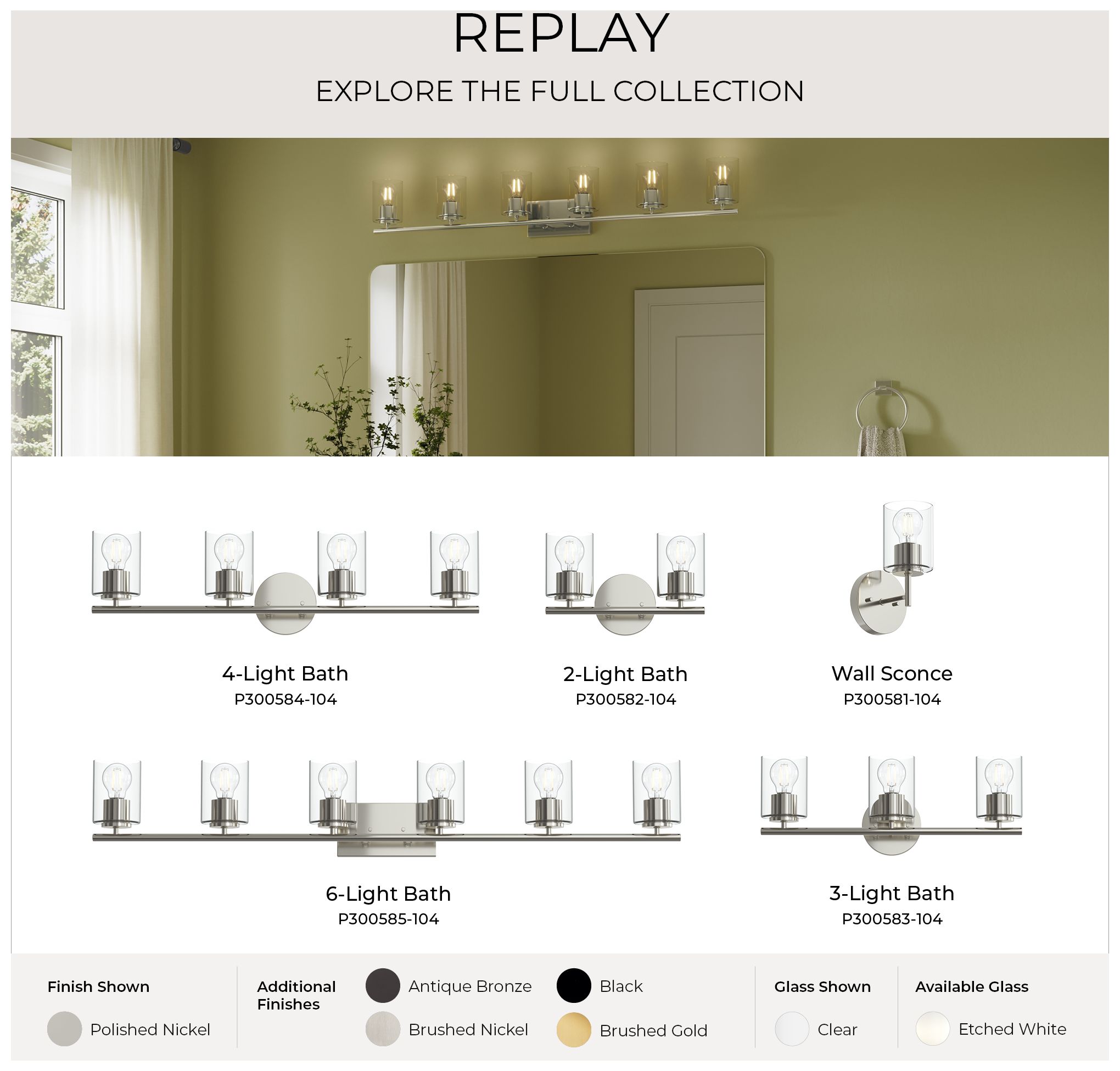 Replay Collection Six-Light Bath & Vanity Light with Clear Glass Shades