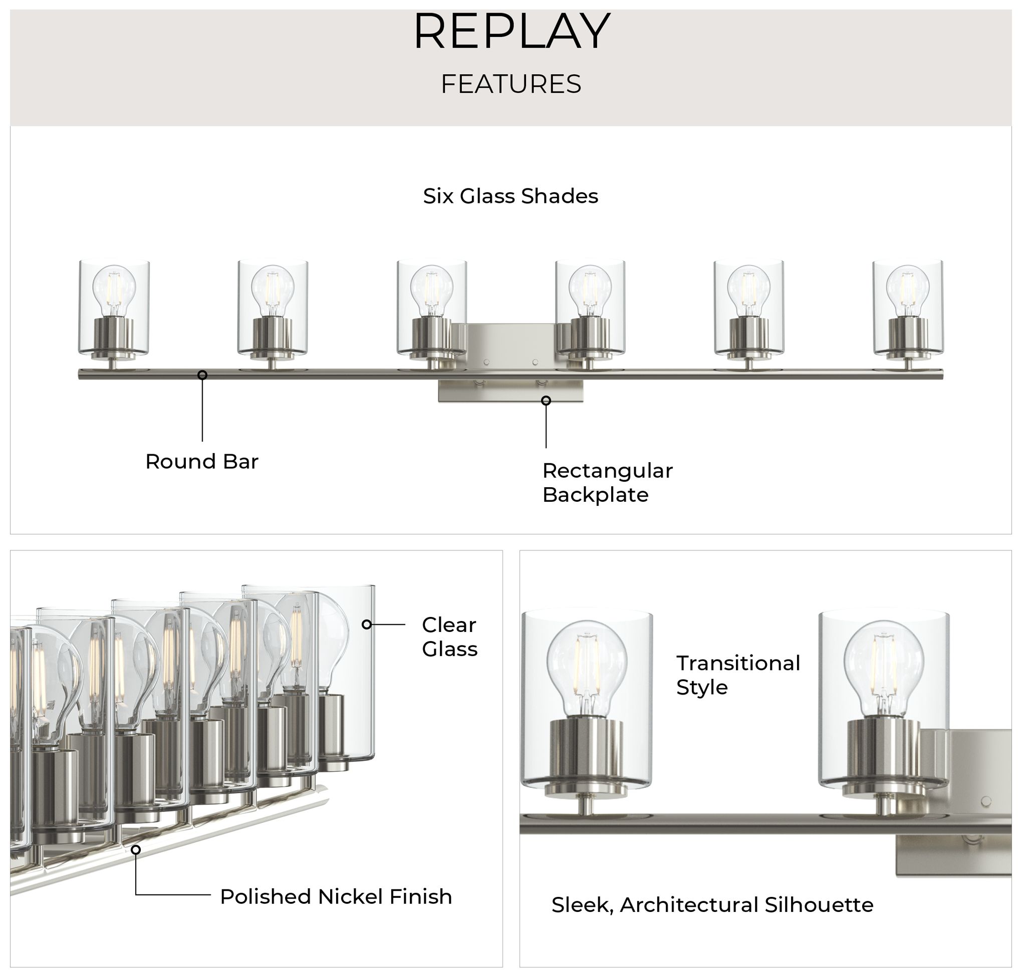 Image 4 Replay Collection Six-Light Bath & Vanity Light with Clear Glass Shades more views