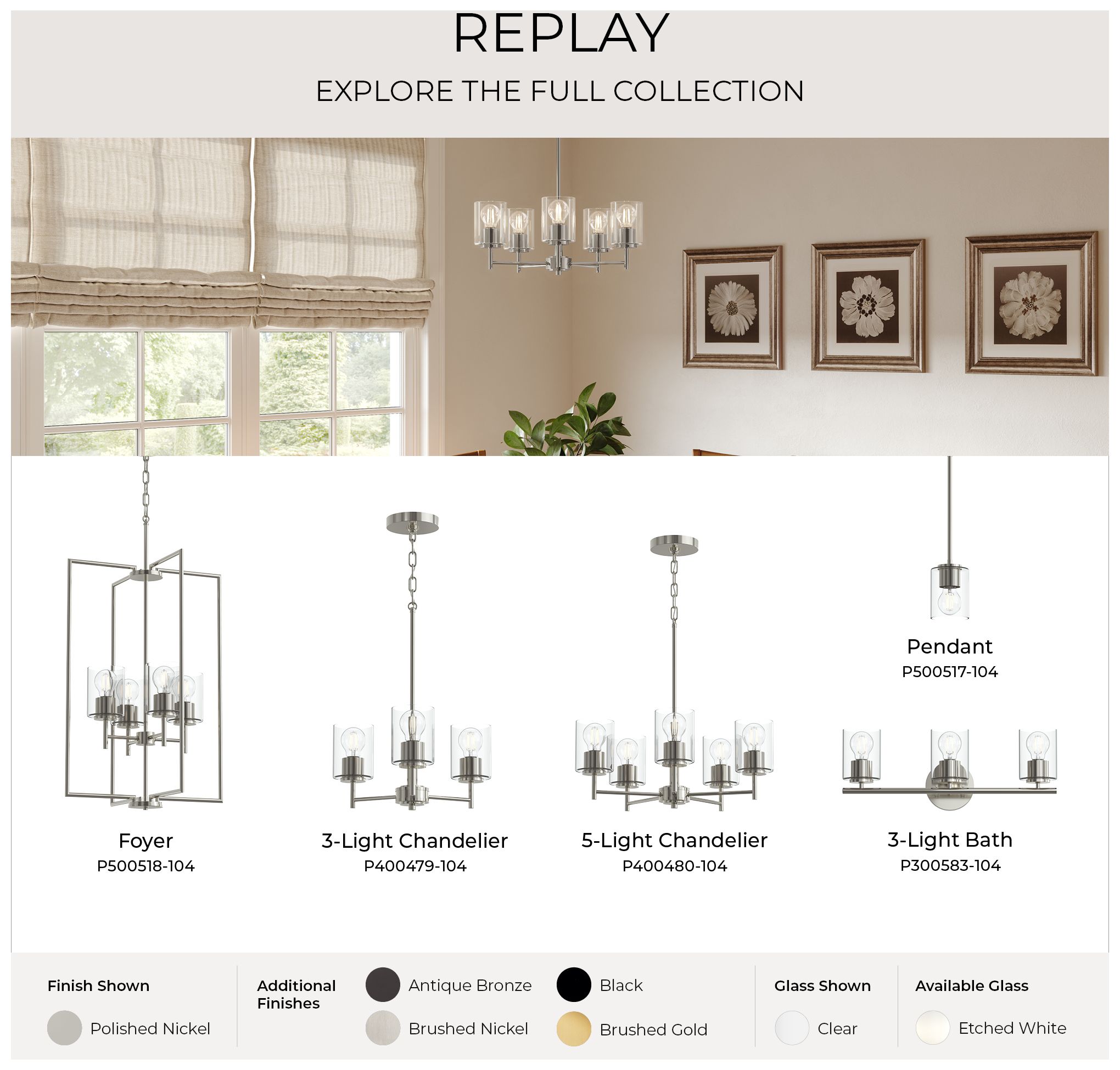 Replay Collection Six-Light Bath & Vanity Light with Clear Glass Shades
