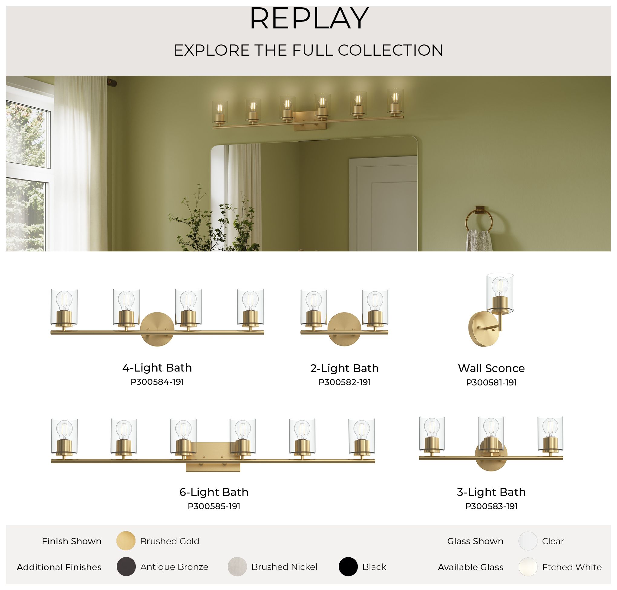 Replay Collection Six-Light Bath & Vanity Light with Clear Glass Shades