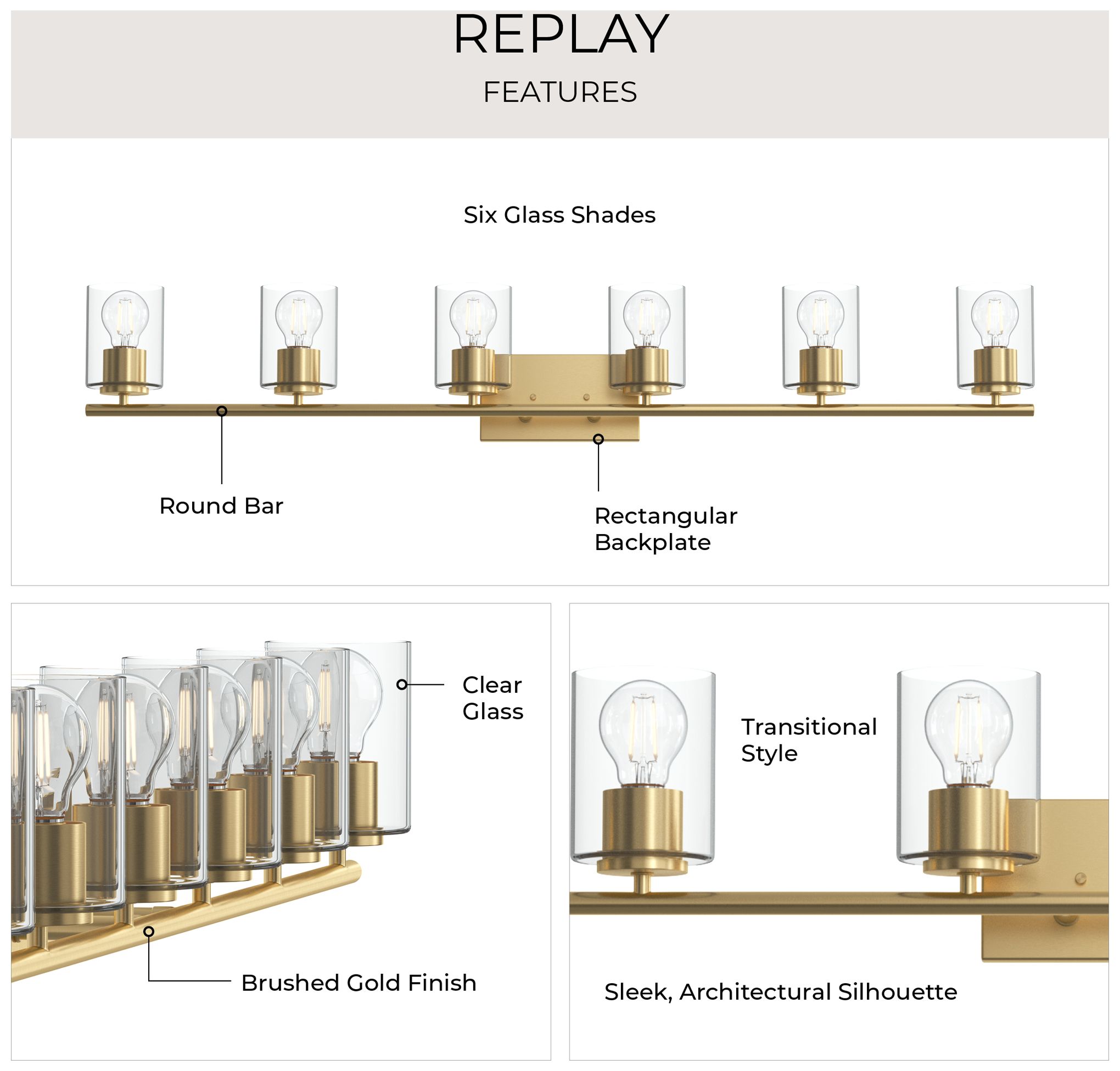 Image 4 Replay Collection Six-Light Bath & Vanity Light with Clear Glass Shades more views