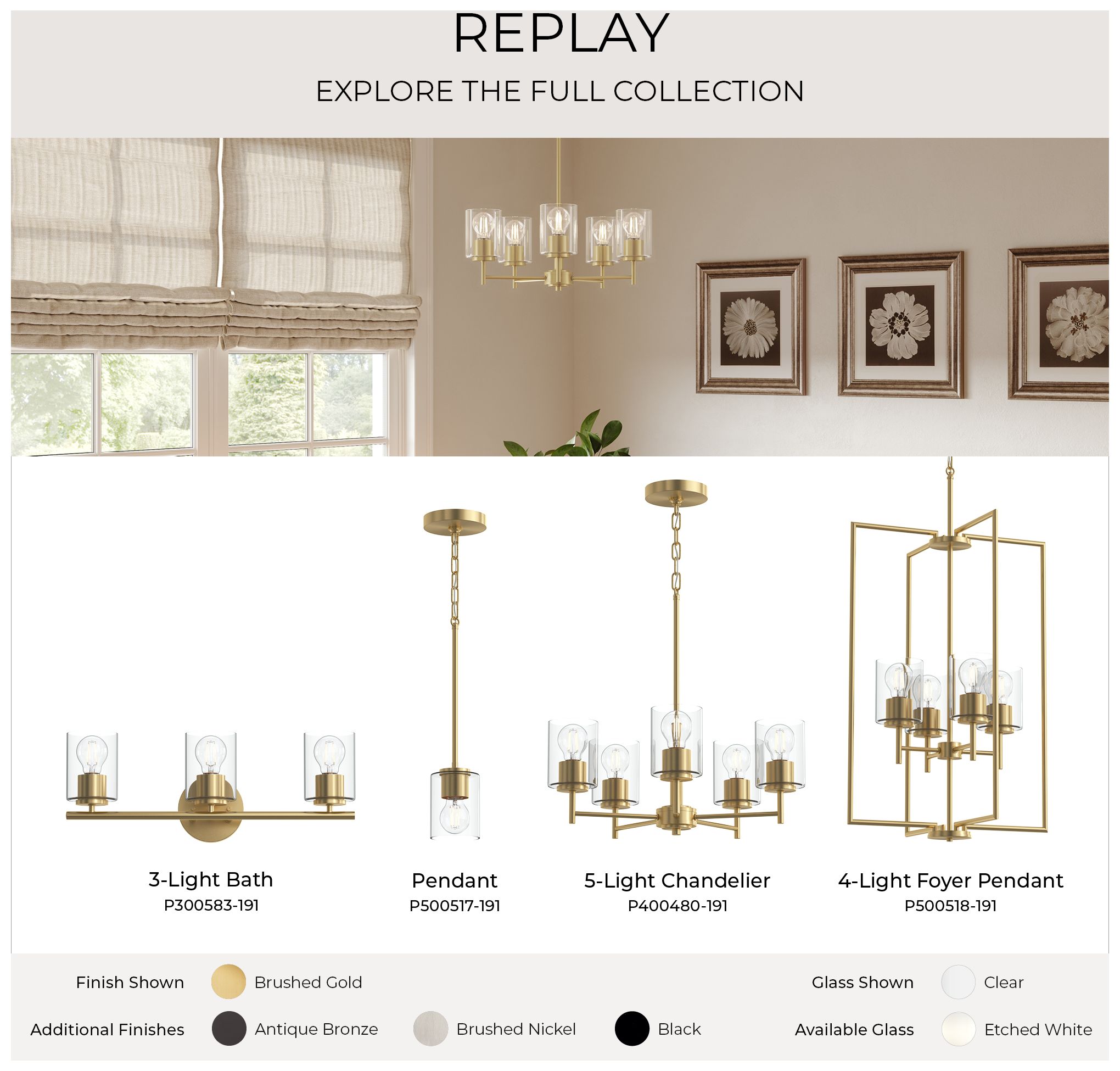 Replay Collection Six-Light Bath & Vanity Light with Clear Glass Shades