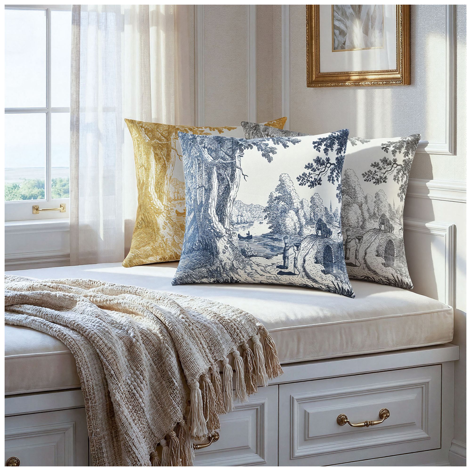 Image 5 Reverie Toile 24" x 24" Indigo, Ivory Pillow more views