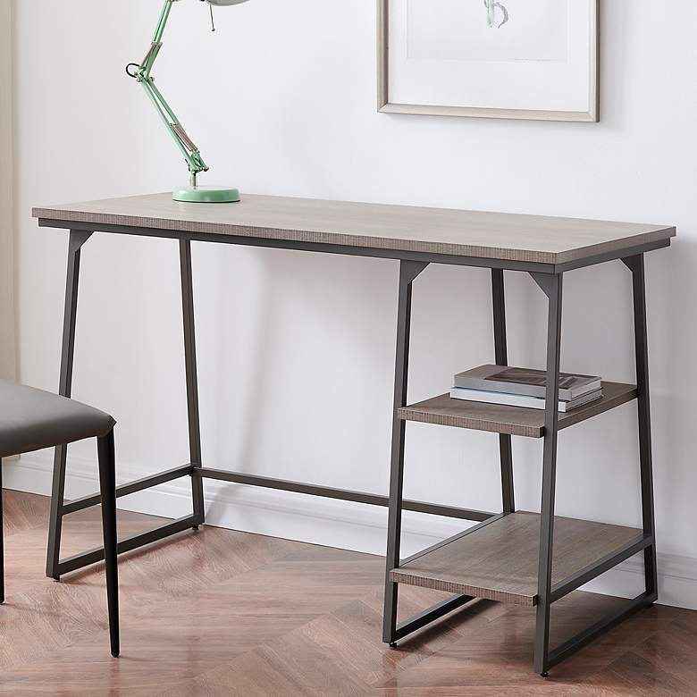 Image 1 Reversible 48" Wide Roughsawn Oak Gunmetal Tier Shelf Desk