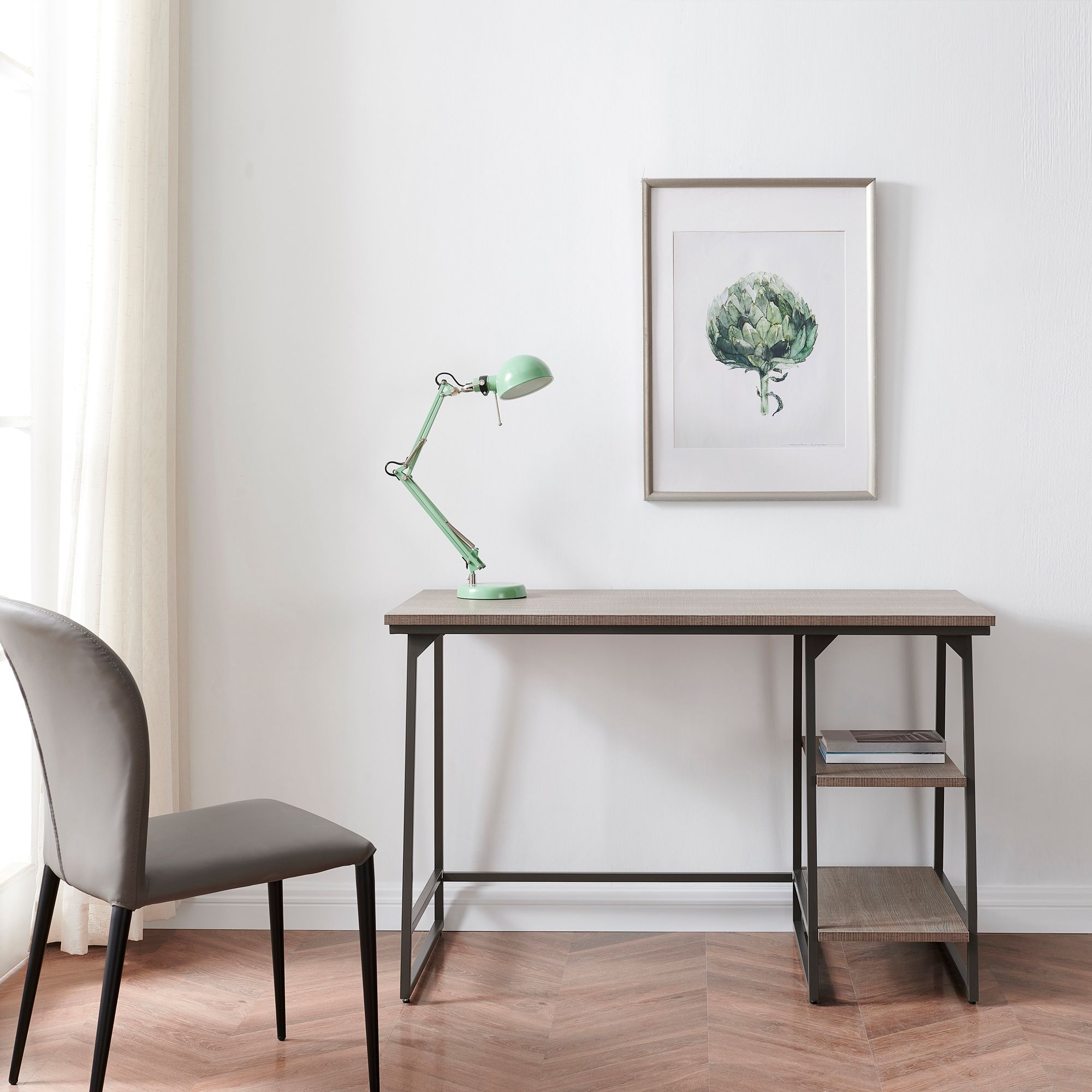 Reversible 48" Wide Roughsawn Oak Gunmetal Tier Shelf Desk