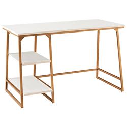 Reversible 48&quot; Wide White Herringbone Gold Tier Shelf Desk
