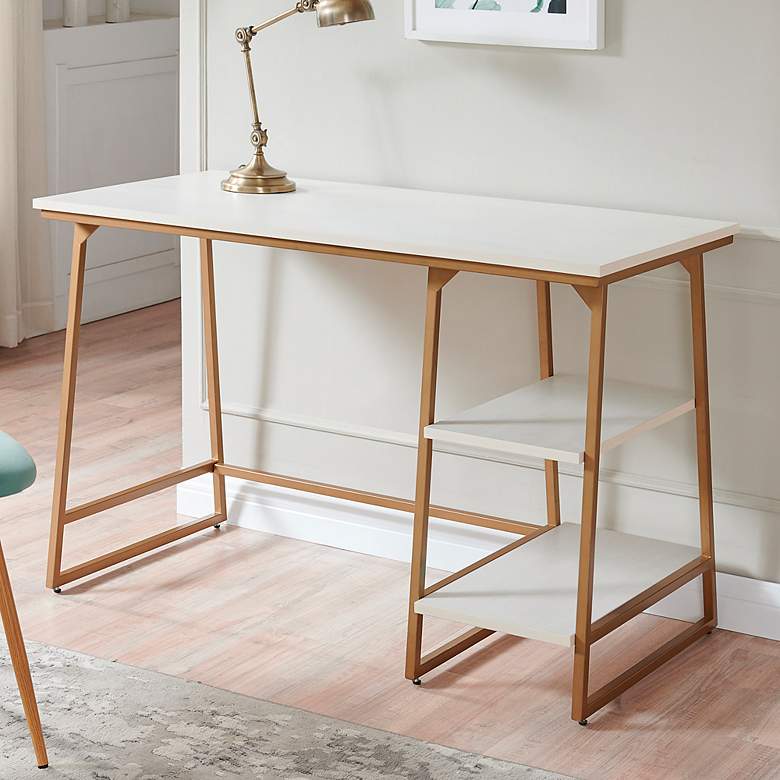 Image 1 Reversible 48" Wide White Herringbone Gold Tier Shelf Desk