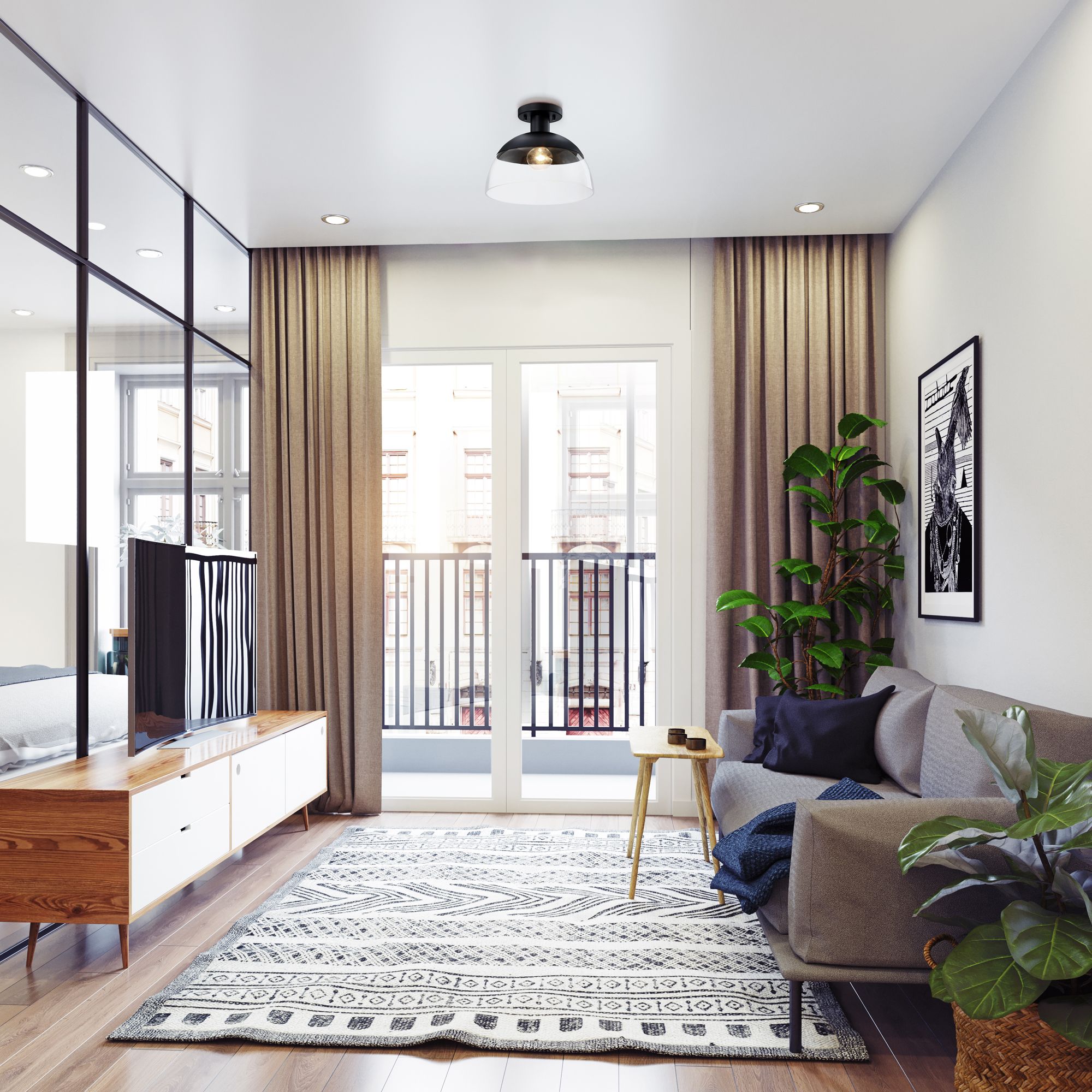 Rey 13 in. 1-Light Matte Black Modern Semi Flush Mount