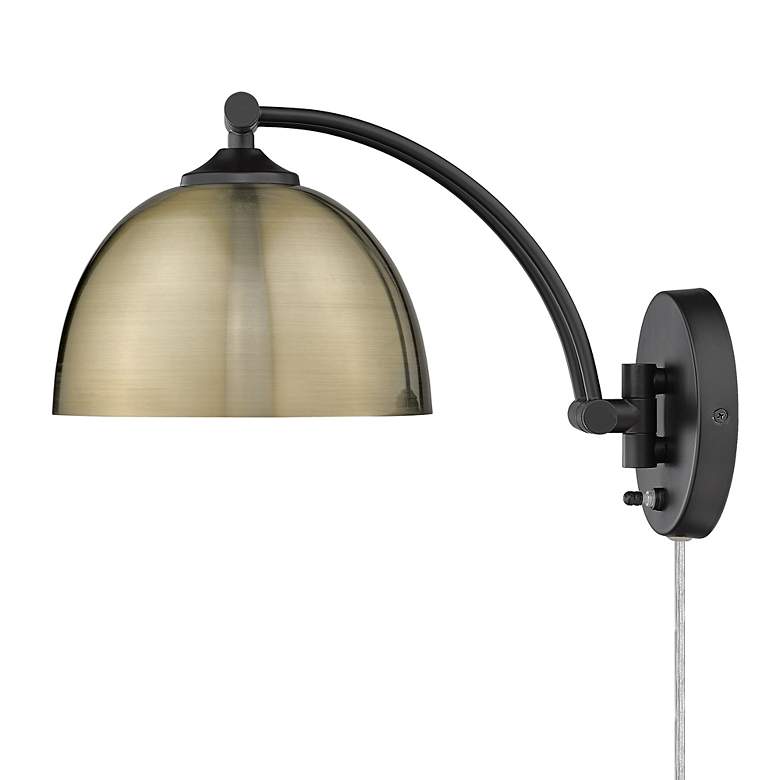 Image 2 Rey Matte Black Swing Arm Wall Lamp with Aged Brass Shade more views