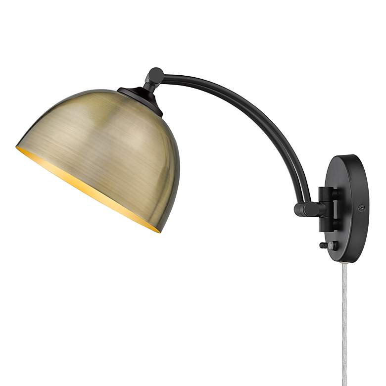 Image 3 Rey Matte Black Swing Arm Wall Lamp with Aged Brass Shade more views
