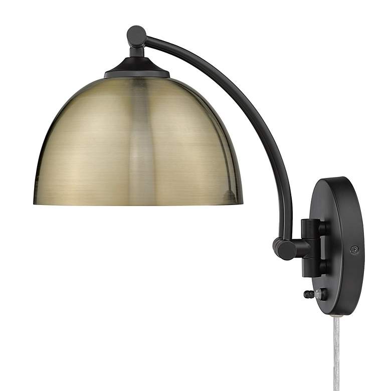Image 4 Rey Matte Black Swing Arm Wall Lamp with Aged Brass Shade more views