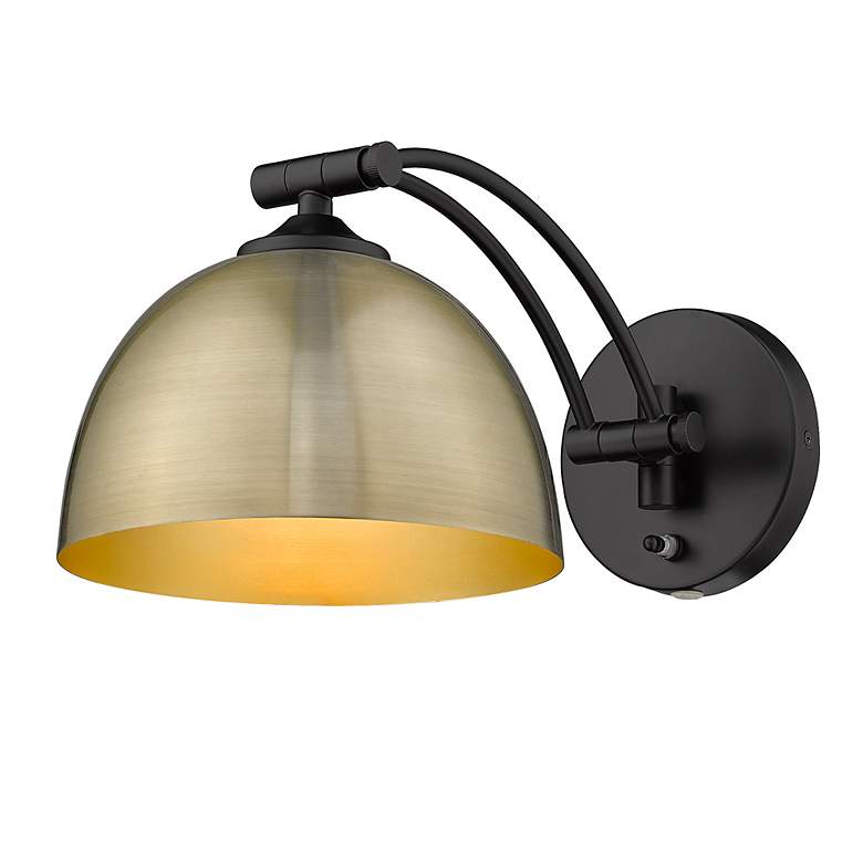 Image 5 Rey Matte Black Swing Arm Wall Lamp with Aged Brass Shade more views