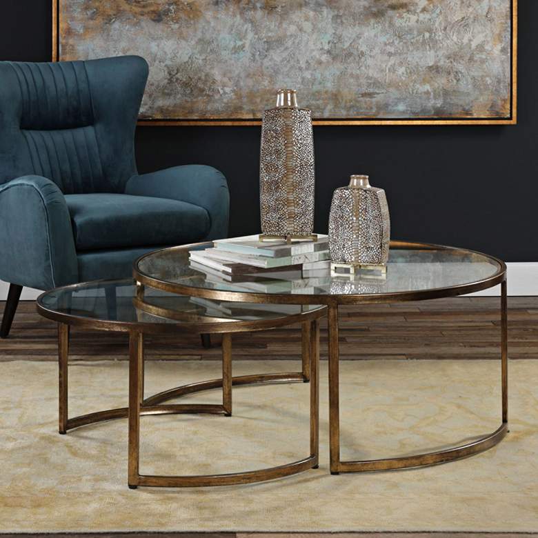 Image 7 Rhea 42 inch Wide Gold Leaf and Glass Nesting Tables 2-Piece Set more views