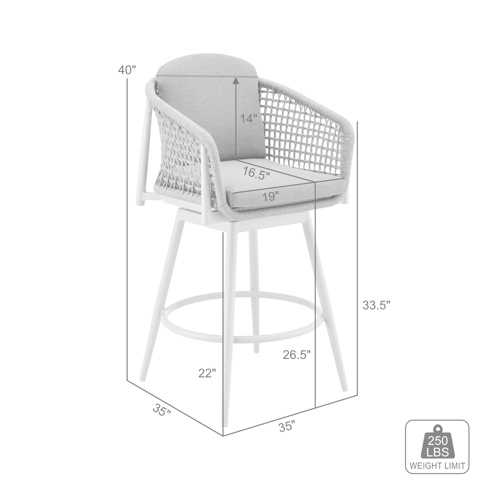 Rhodes 26 in. Outdoor Barstool in Aluminum, Light Gray Rope and Cushions
