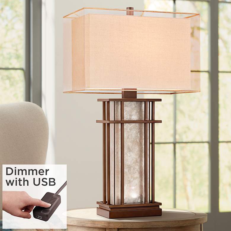 Image 1 Rhodes Mica Glass Table Lamp with LED Night Lights and USB Cord Dimmer