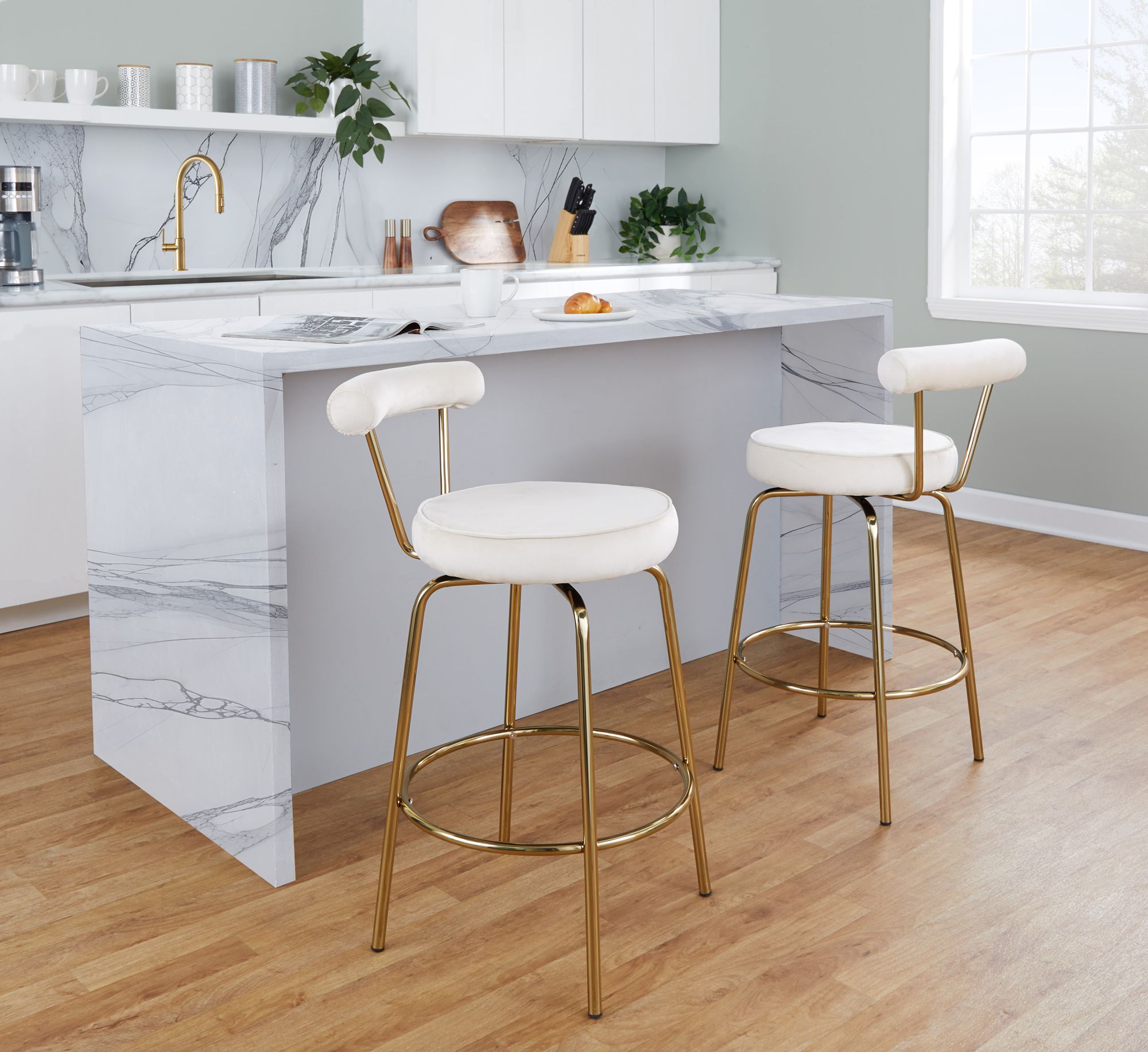 Rhonda Glam Counter Stool Gold Metal Cream Velvet by LumiSource Pair