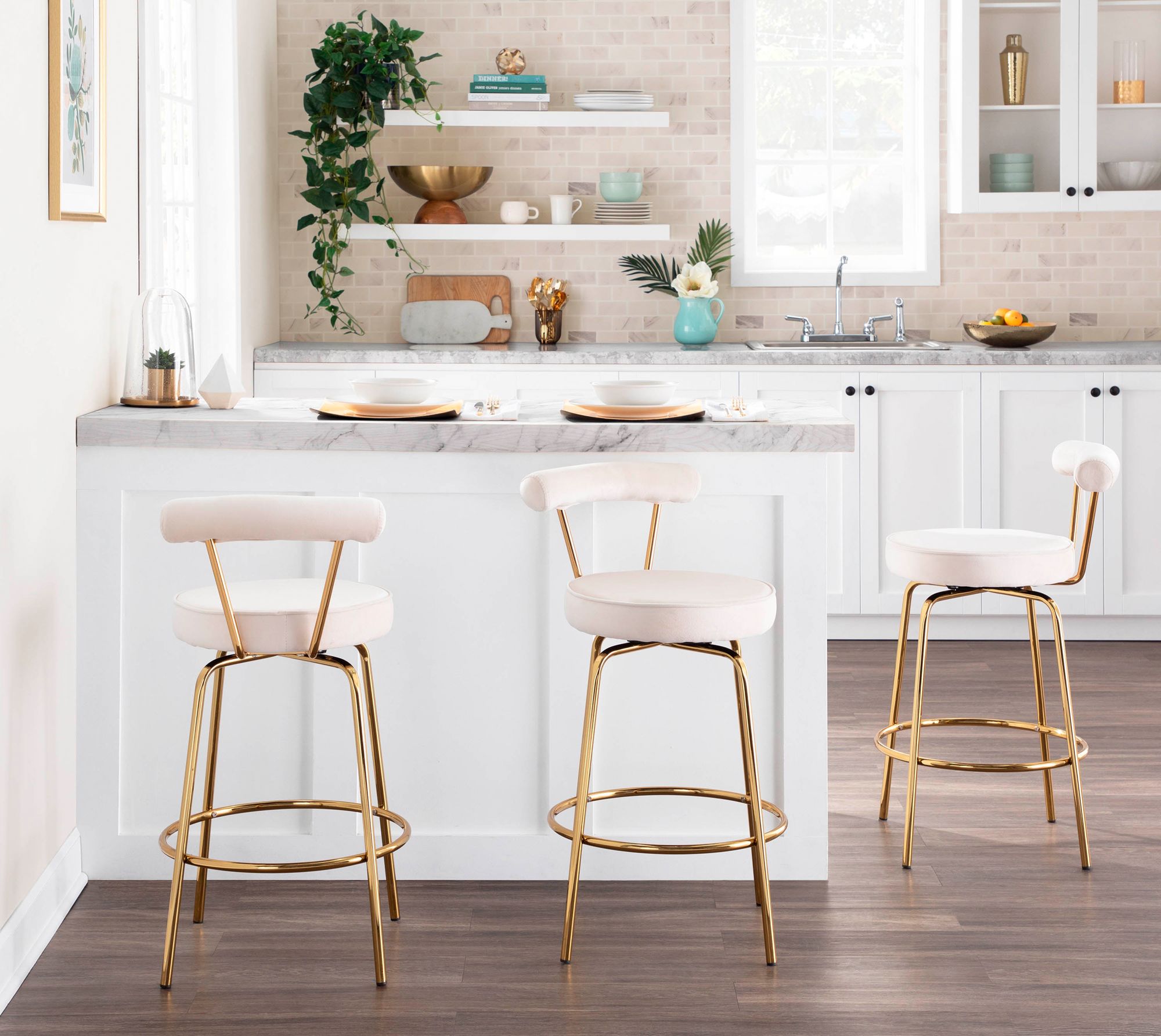 Rhonda Glam Counter Stool Gold Metal Cream Velvet by LumiSource Pair