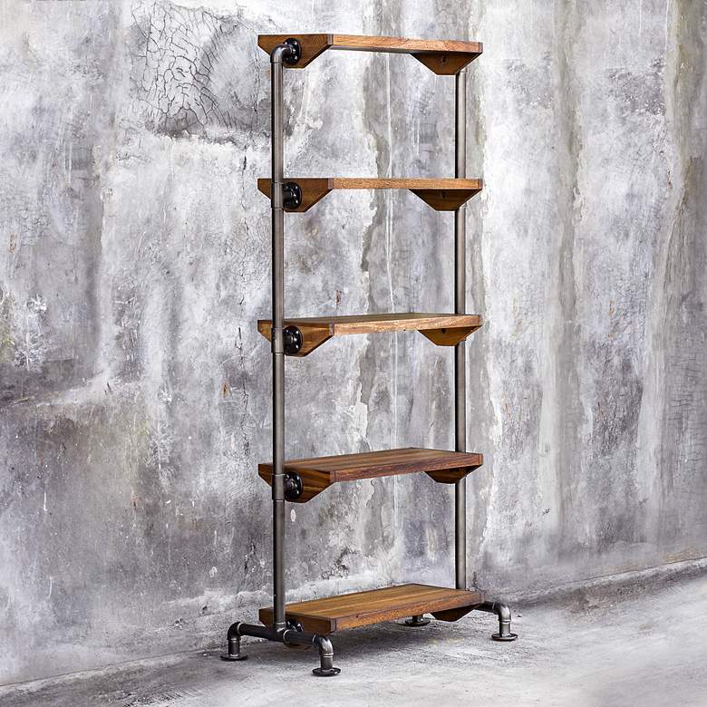 Image 2 Rhordyn 33" Wide Aged Gunmetal Walnut Wood 5-Shelf Etagere