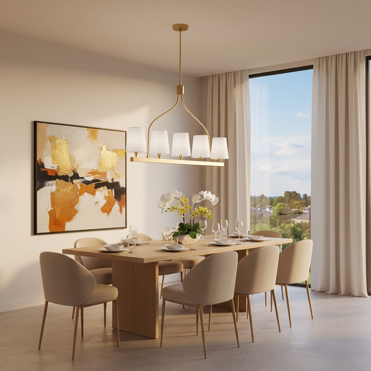 Rhythm 40.2" Wide 5-Light Brushed Gold Island Light With White Linen S