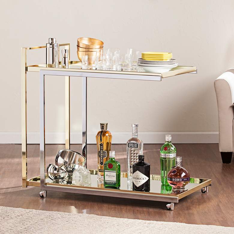Image 1 Riata 36 inch Wide Metallic Silver and Gold Luxe Modern Bar Cart