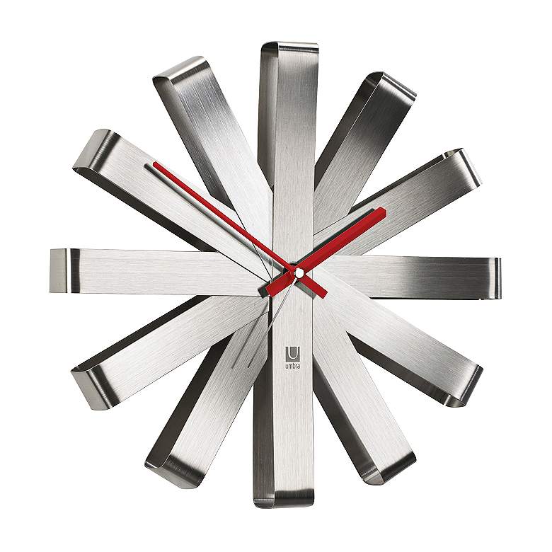 Image 1 Ribbon Brushed Steel 12 inch Round Wall Clock