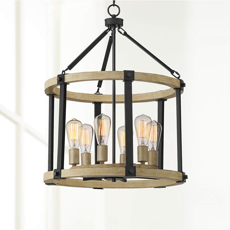 Image 1 Rickland 22" Wide Black and Wood 6-Light Pendant Chandelier
