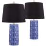 Rico Blue Ceramic Column Black Shade Table Lamps Set of 2