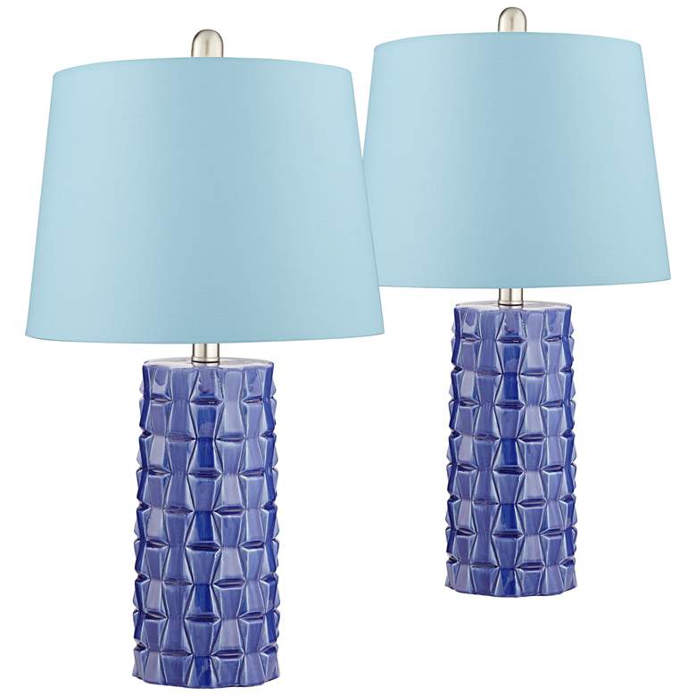 Image 1 Rico Blue Ceramic Column Blue Hardback Table Lamps Set of 2