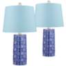 Rico Blue Ceramic Column Blue Hardback Table Lamps Set of 2
