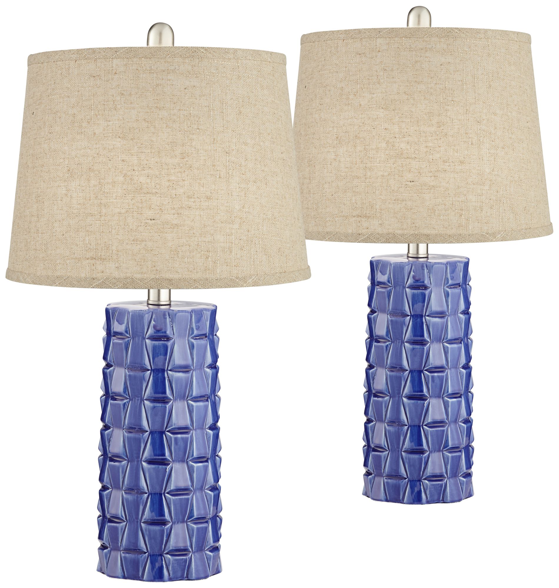 Rico Blue Ceramic Column Burlap Linen Table Lamps Set of 2