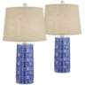 Rico Blue Ceramic Column Burlap Linen Table Lamps Set of 2