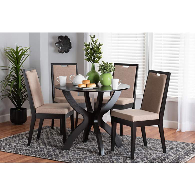 Image 1 Rika Sand Fabric Dark Brown Wood 5-Piece Dining Set