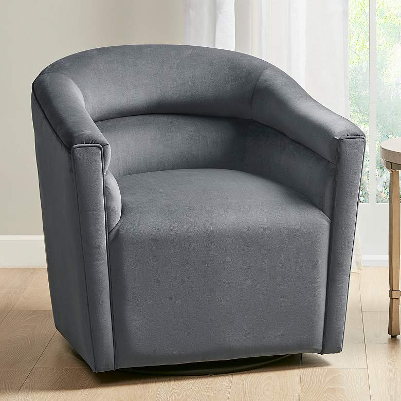 Image 1 Rileigh Gray Velvet Fabric Barrel Swivel Accent Chair