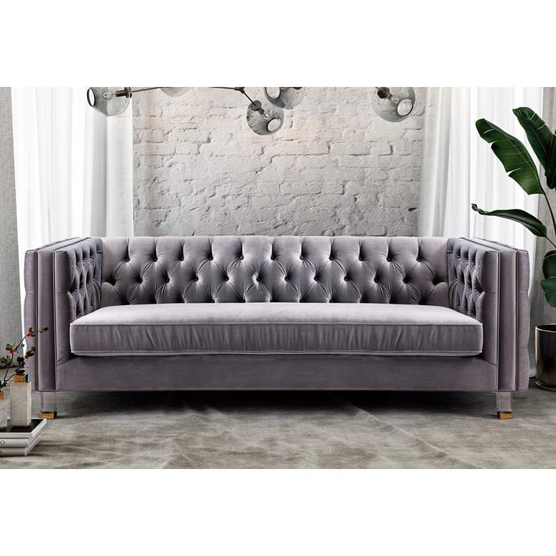 Image 1 Rimini 90" Wide Gray Velvet Button Tufted Sofa
