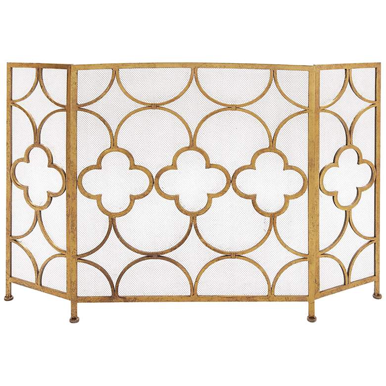 Image 2 Rinaldi Matte Gold 35"H 3-Panel Geometric Fireplace Screen