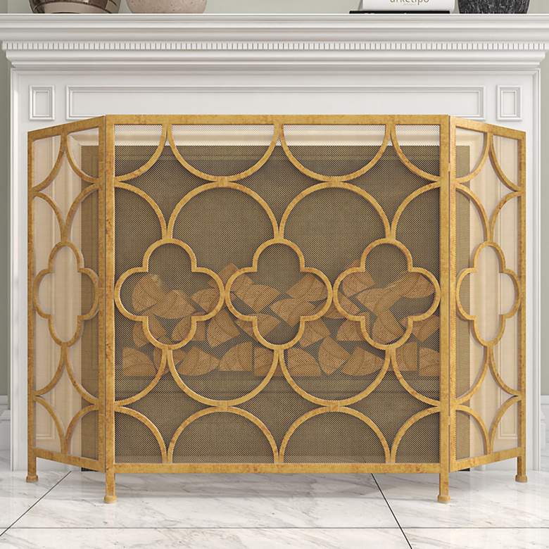 Image 1 Rinaldi Matte Gold 35"H 3-Panel Geometric Fireplace Screen