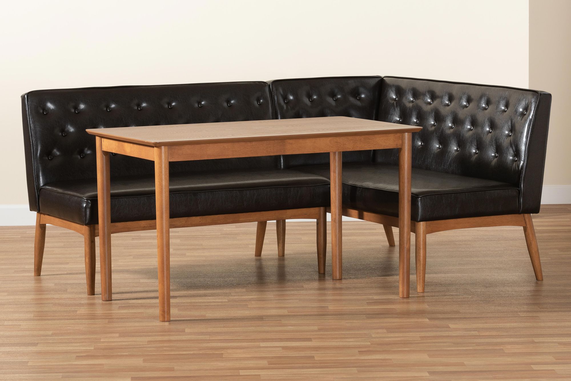 Riordan Dark Brown Faux Leather 3-Piece Dining Nook Set in scene