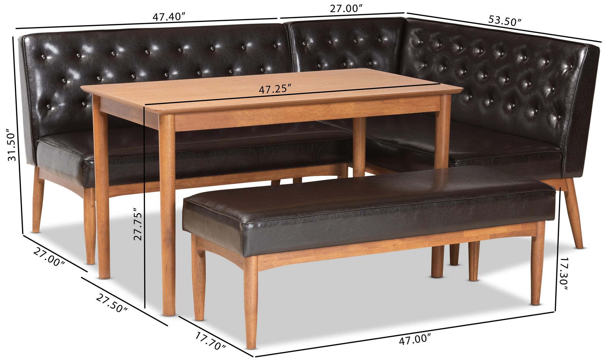 Riordan Dark Brown Faux Leather 4-Piece Dining Nook Set in scene