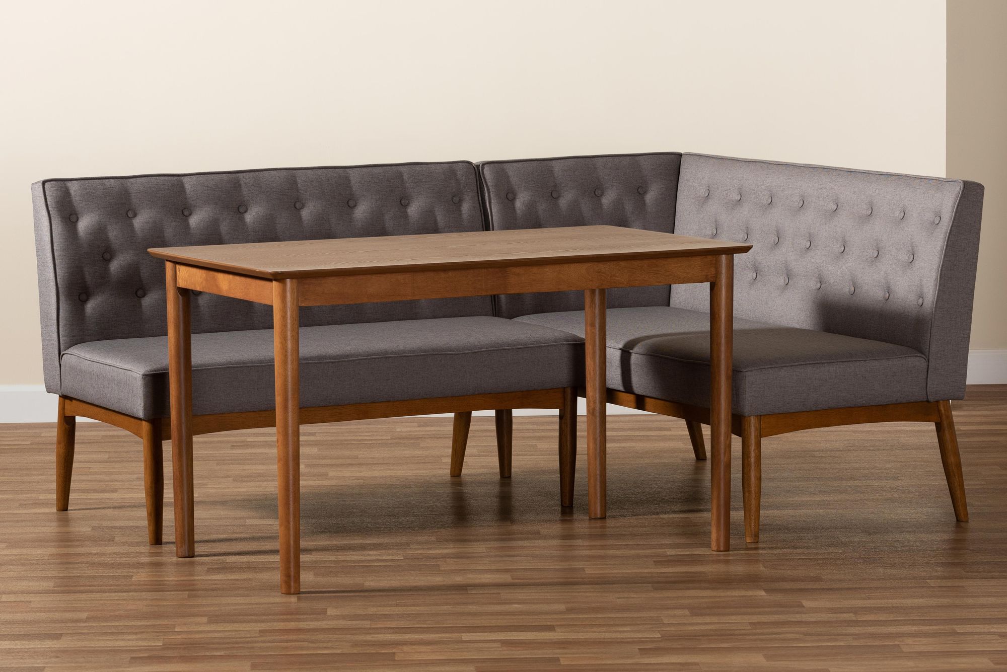 Riordan Gray Fabric Tufted 3-Piece Dining Nook Set in scene