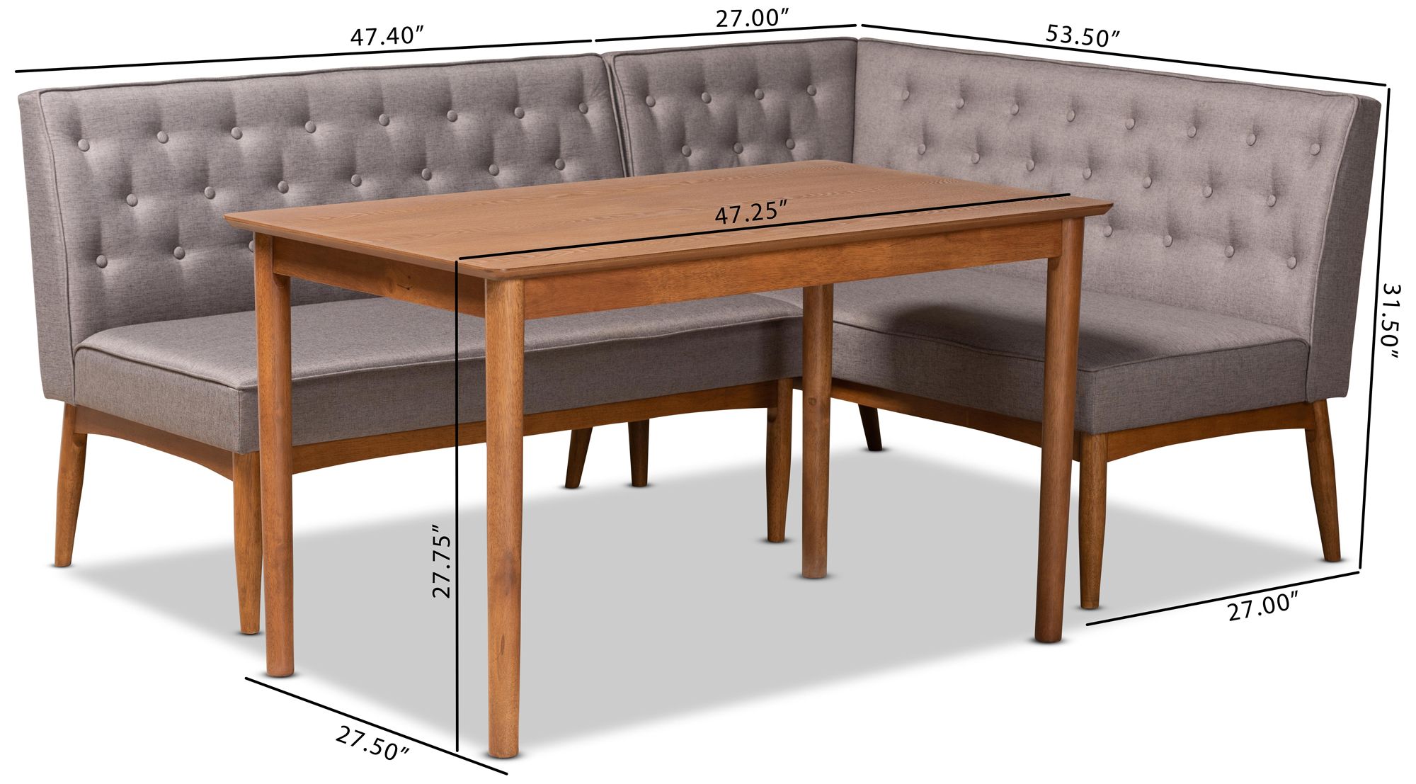 Riordan Gray Fabric Tufted 3-Piece Dining Nook Set in scene
