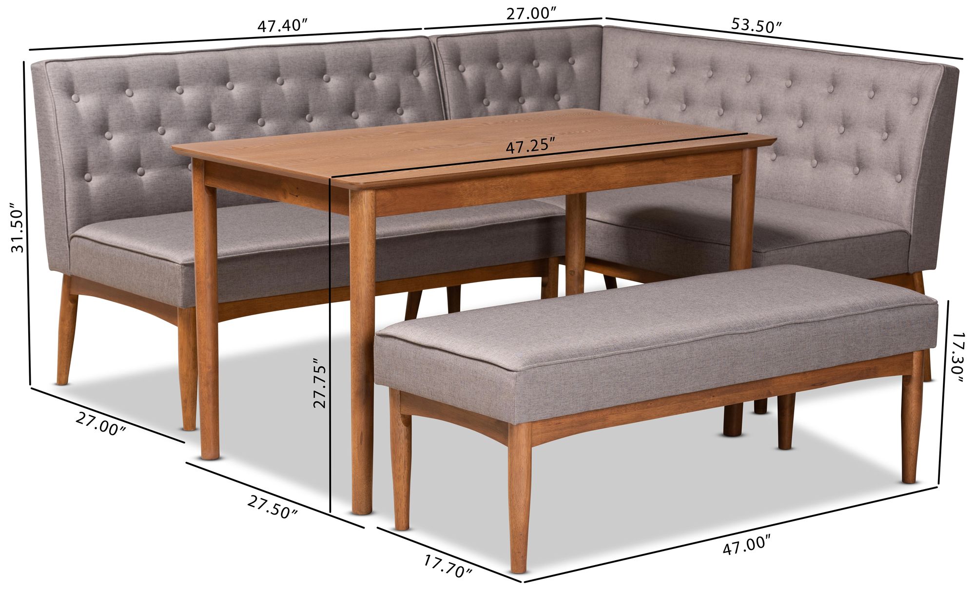 Riordan Gray Fabric Tufted 4-Piece Dining Nook Set in scene