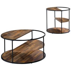 Risda Walnut Wood Black Metal 2-Piece Coffee Table Set